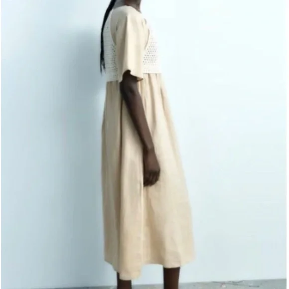 Zara Linen Crochet Beige Midi Dress - Picture 5 of 7